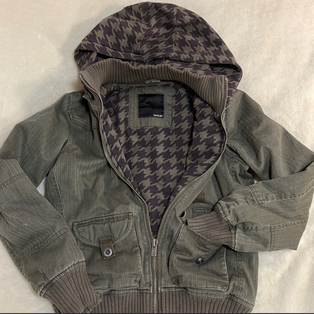 Hurley Army Green jacket zip up removable hood, size medium